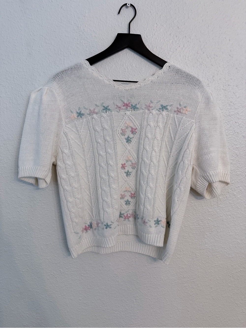 Vintage Cable Knit Short Sleeve Sweater with Pastel Floral Embroidery